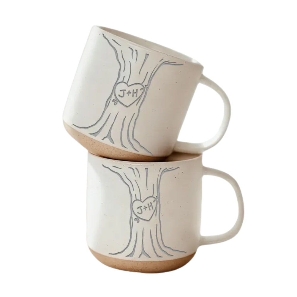 Custom Carved Initials In A Heart Tree Couple Pottery Mug, Custom Mug For Wedding Engagement Newlywed WD0011