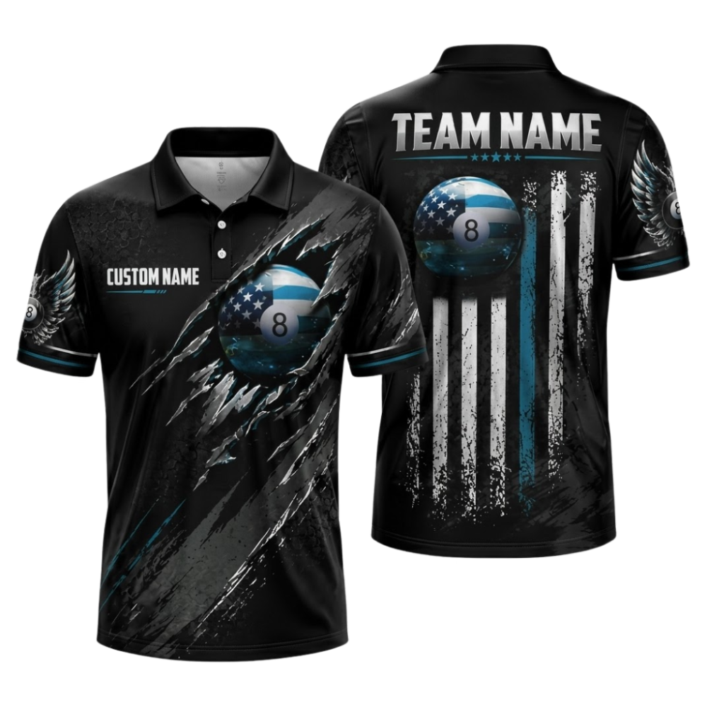 Black And Red Custom American Flag 8 Ball Billiard Polo Shirt For Men, Custom Patriotic Team Billiard Shirts BIZ0330