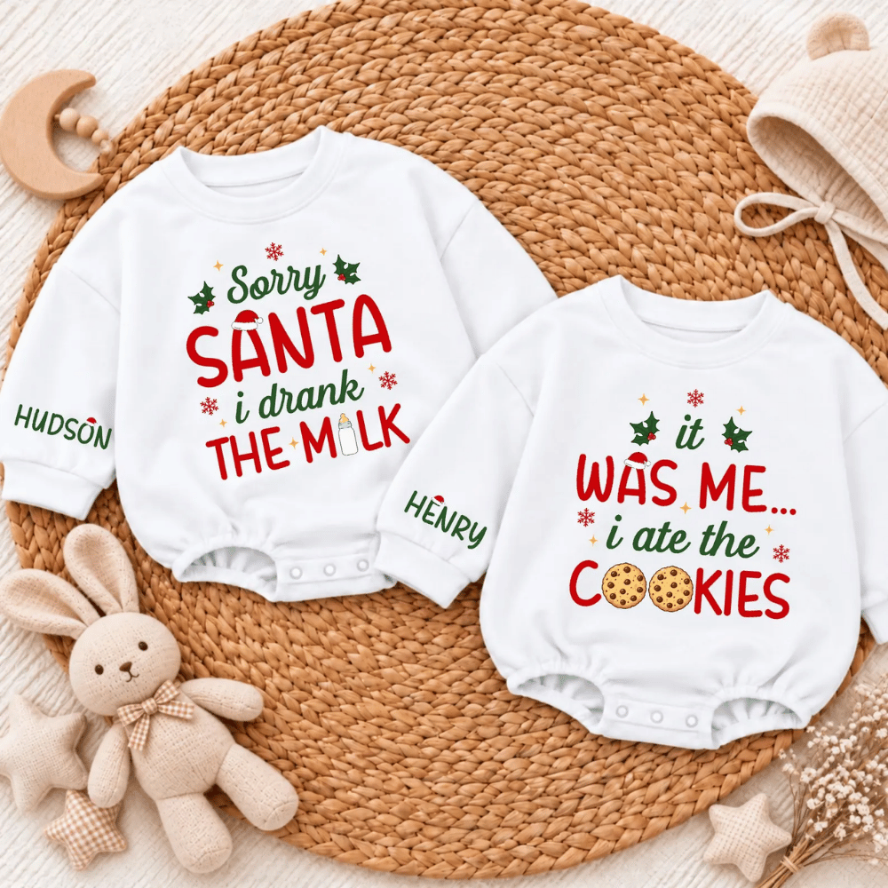 Custom Sorry Santa I Drank The Milk Matching Twin Baby Romper Sweatshirt, Personalized Funny Xmas Romper Sweatshirt For Twins Baby BB0968