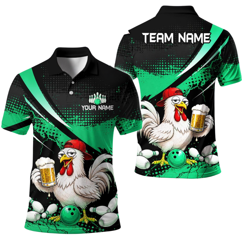 Custom Rooster Beer Bowling Polo Shirt For Men, Custom Chicken Bowling Team Shirts BE0206