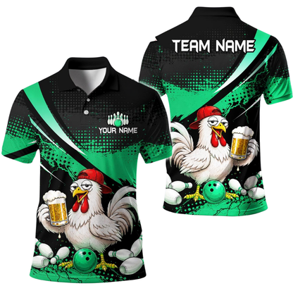 Custom Rooster Beer Bowling Polo Shirt For Men, Custom Chicken Bowling Team Shirts BE0206
