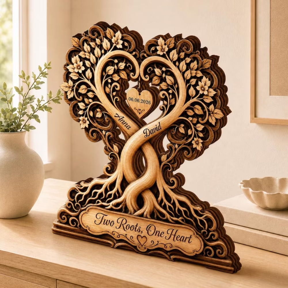 Two Roots One Heart Custom Couple Tree Layer Wooden Plaque, Custom Couple Wedding Keepsake Wooden Block WD0928