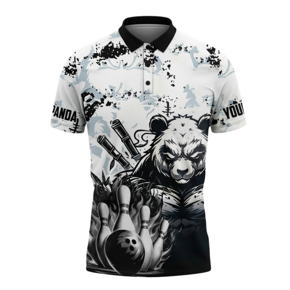 Custom Panda Bowling Polo Shirts Mens Black White, Custom Panda Bowling Shirt For Team BZ1099