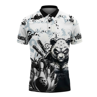 Custom Panda Bowling Polo Shirts Mens Black White, Custom Panda Bowling Shirt For Team BZ1099