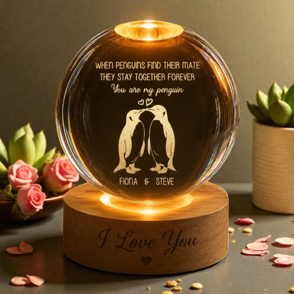 You Are My Penguin Custom Crystal Ball Led Night Light With Couple Name, Custom Penguin Wedding Keepsake Night Light WD0857