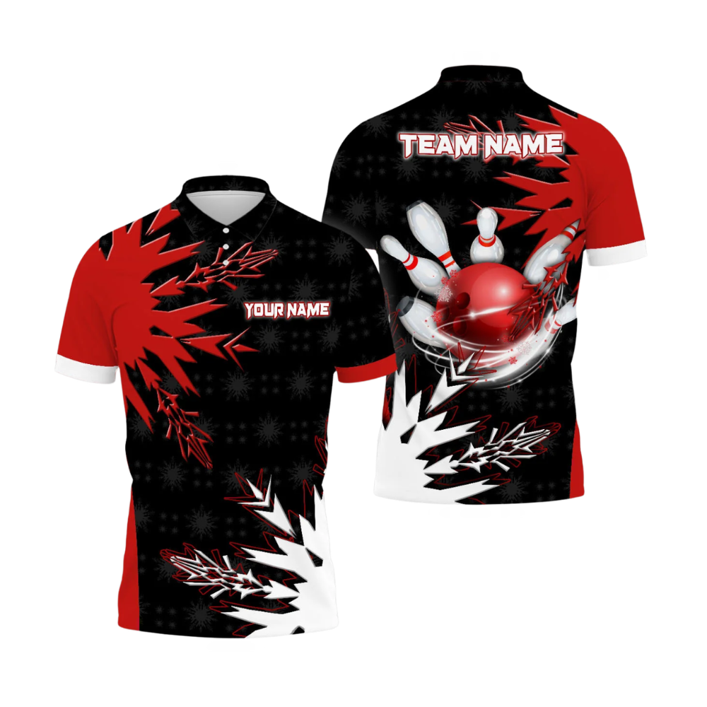 Custom Team Black And Red Bowling Mens Polo Shirts, Custom Team Bowling Shirts BZ1075
