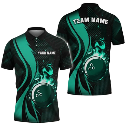 Custom Blue Flame Ball Bowling Polo Shirt For Men, Custom Flame Team Bowling Shirts BZ0746