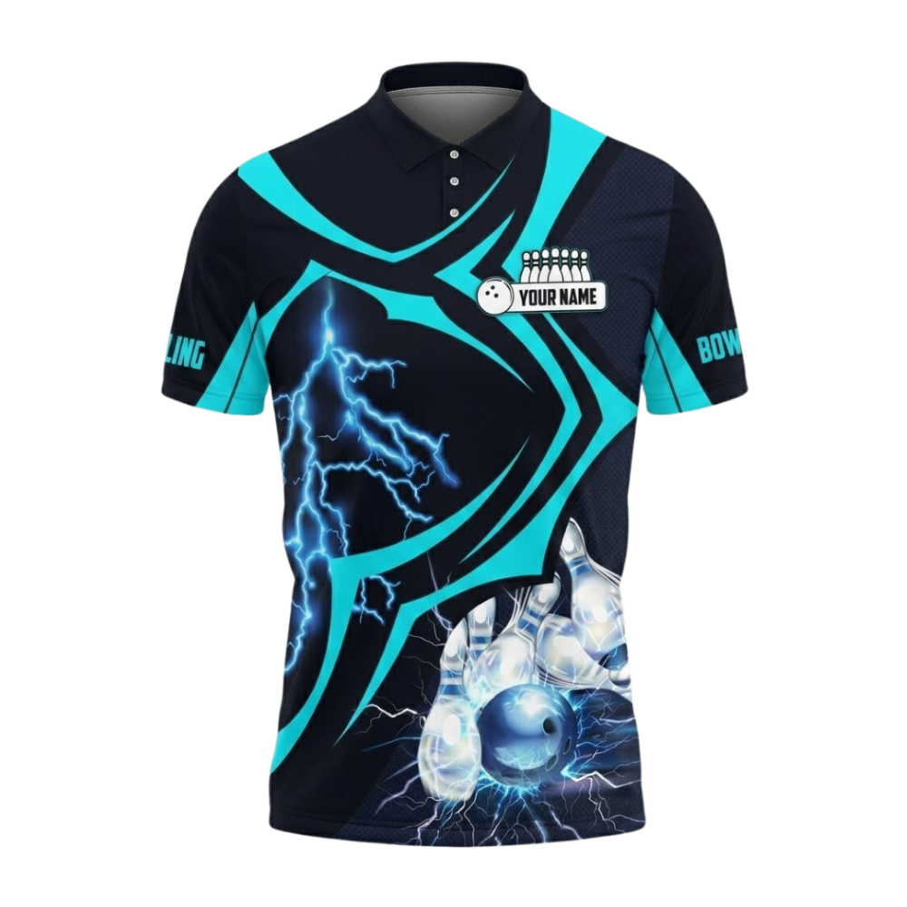 Custom Cyan Thunder Mens Bowling Polo Shirt, Custom Team Thunder Bowling Shirts BZ0662