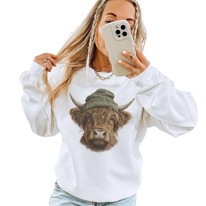 Highland Cow Wearing Beanie Sweatshirt, Cow Lover Sweatshirt Retro 2D1036
