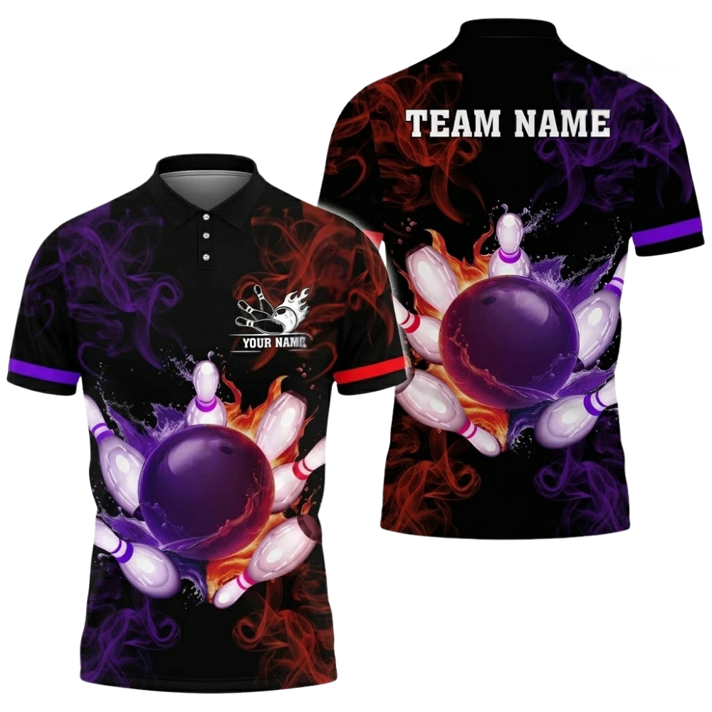 Custom Smoke Purple Green Bowling Polo Shirt For Men, Custom Team Bowling Shirts BZ0507