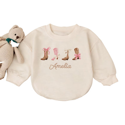Coquette Cowgirl Boots Baby Romper Sweater, Western Baby Girl Romper Sweatshirt BB0211