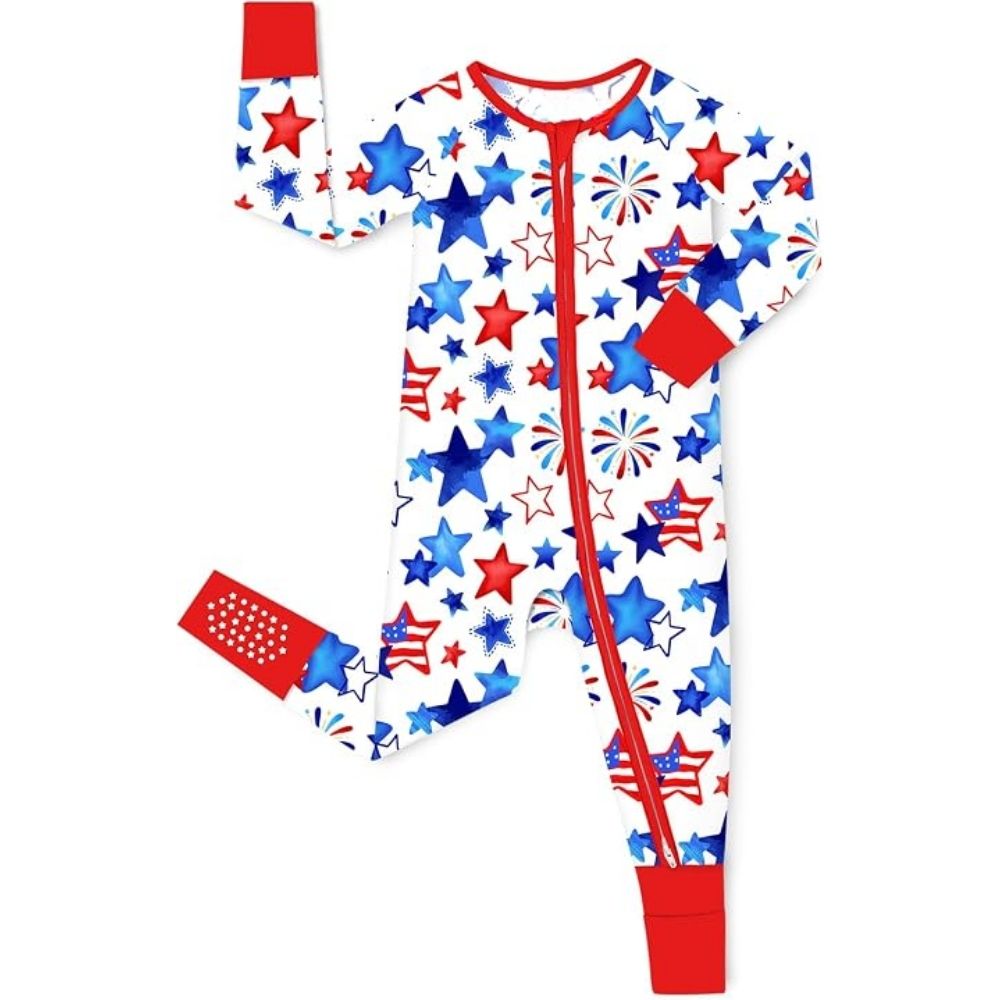 Red White And Blue Star USA Flag Baby Convertible Zippy Romper, Patriotic Baby Convertible Romper For 4th Of July BB0368
