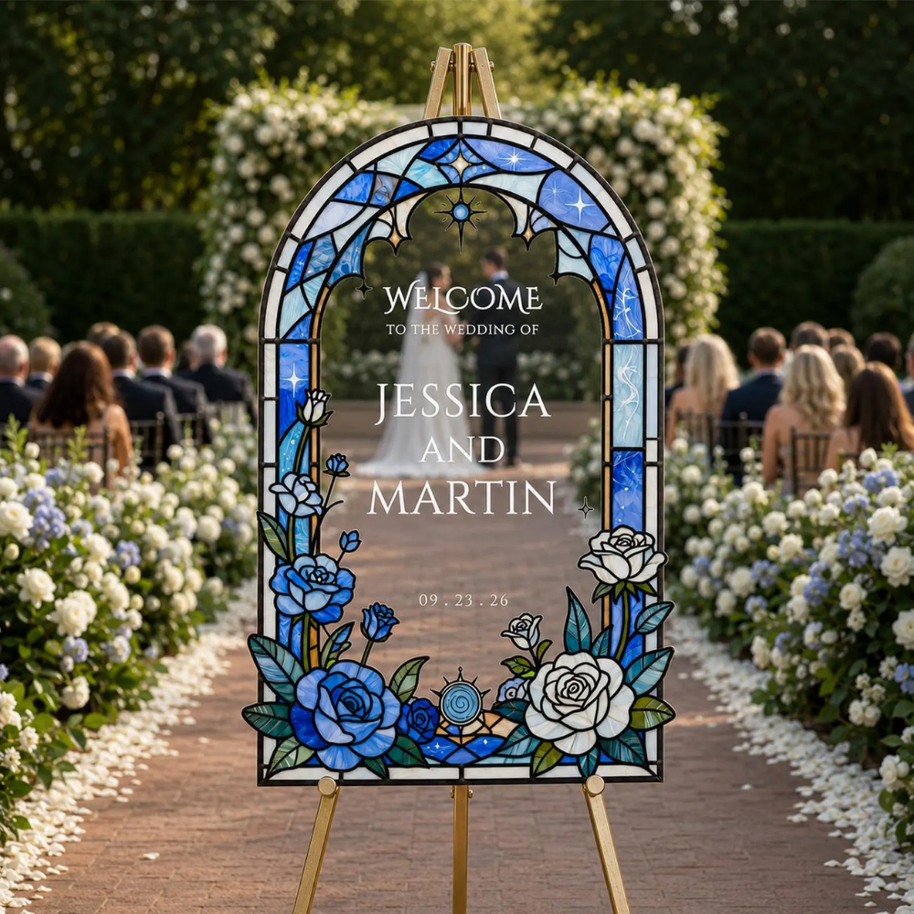 Custom Blue Rose Stain Glass Wedding Welcome Acrylic Signs, Custom Stained Glass Sign For Wedding WD0685