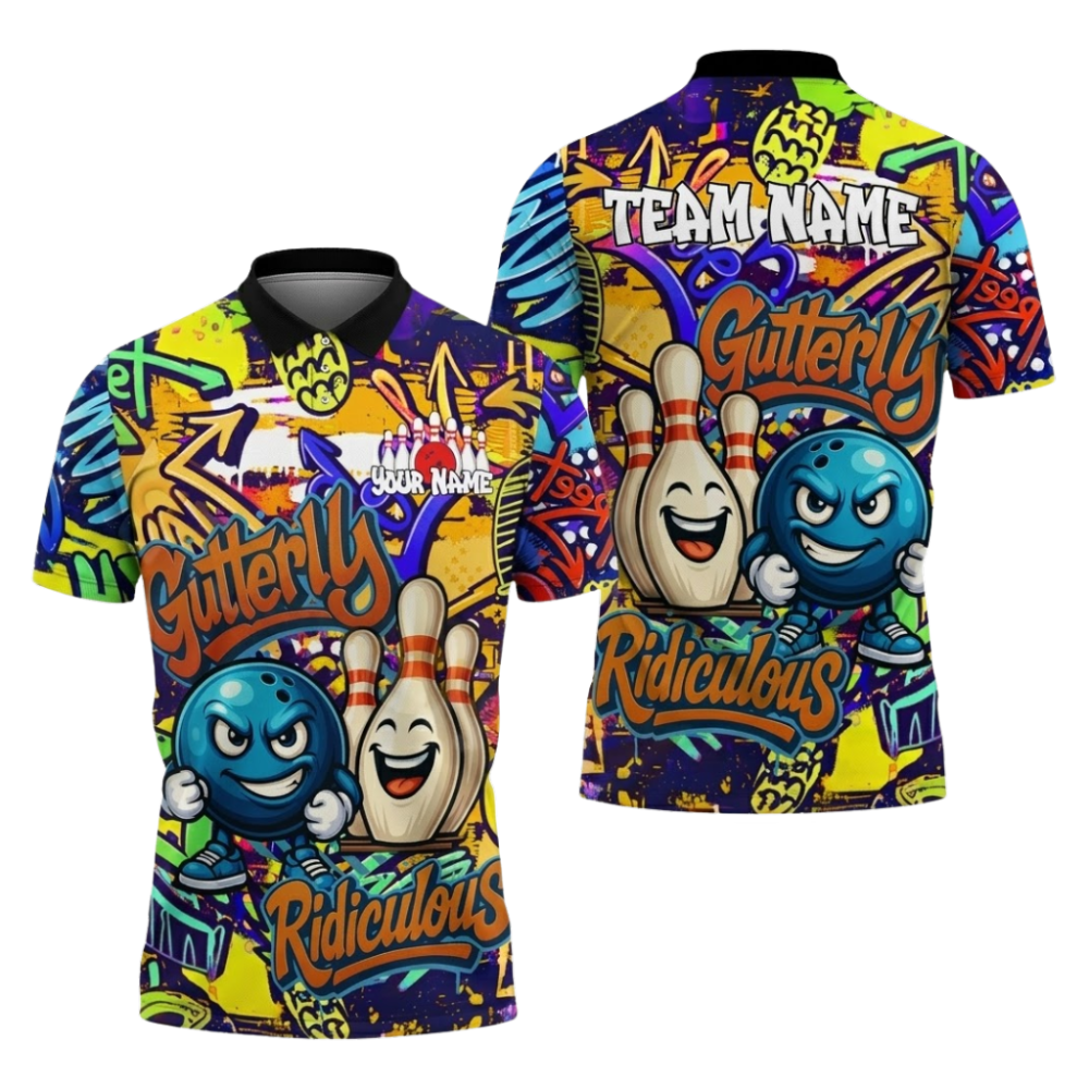 Gutterly Ridiculous Custom Graffiti Bowling Polo Shirts For Men, Custom Funny Bowling Team Shirts BZ1058