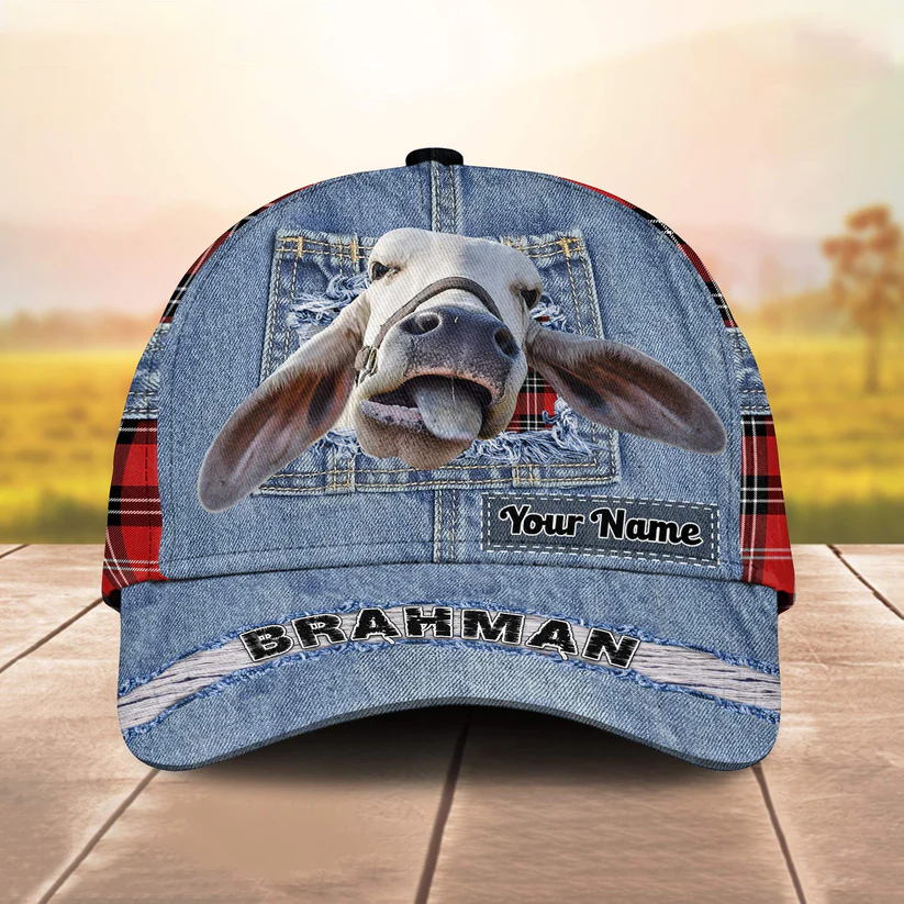 Brahman Cattle Overall Jeans Pattern And Red Caro Pattern Customized Name Cap CA0173