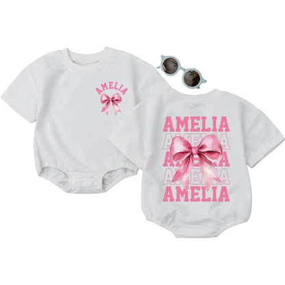 Custom Name Baby Girl Pink Coquette Bow Bubble T Shirt Romper, Personalized Baby Girl Romper BB0063