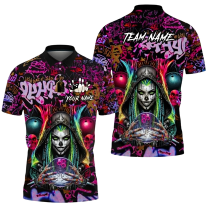 Men's Custom Cyberpunk Witch Graffiti Bowling Polo Shirt For Men, Custom Skull Team Bowling Shirt BZ0794