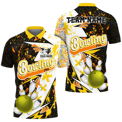 Custom Team Abstract Black Blue White Bowling Polo Shirt For Men, Custom Bowling Shirts BZ0779