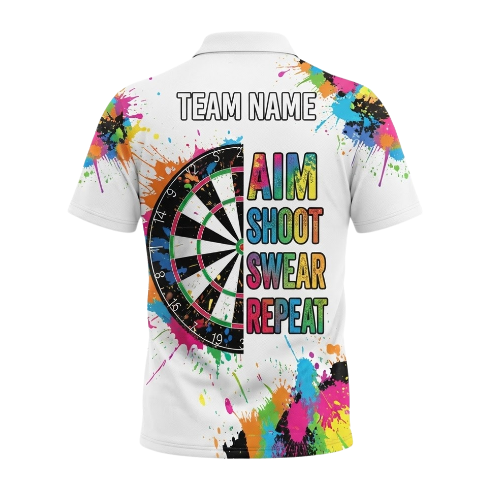 Aim Shoot Swear Repeat Custom Colorful Men Dart Polo Shirt, Custom Funny Dart Team Shirts DE0114