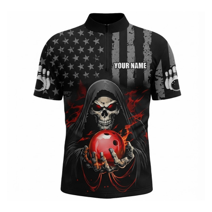 Custom Skeleton USA Flag Bowling Jersey For Men, Custom Skull Bowling Shirts BZ0668