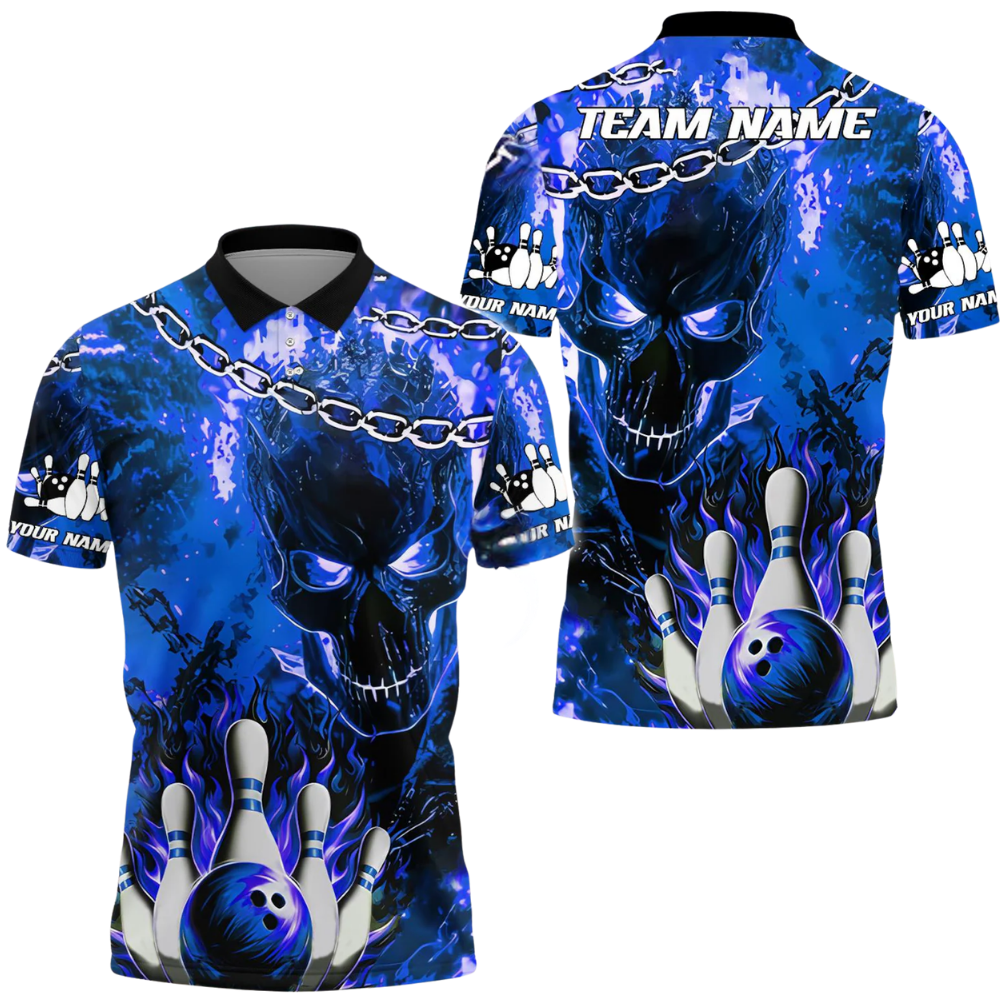 Custom Skeleton Blue Bowling Polo Shirt Mens, Custom Skull Bowling Team Shirts BE0209
