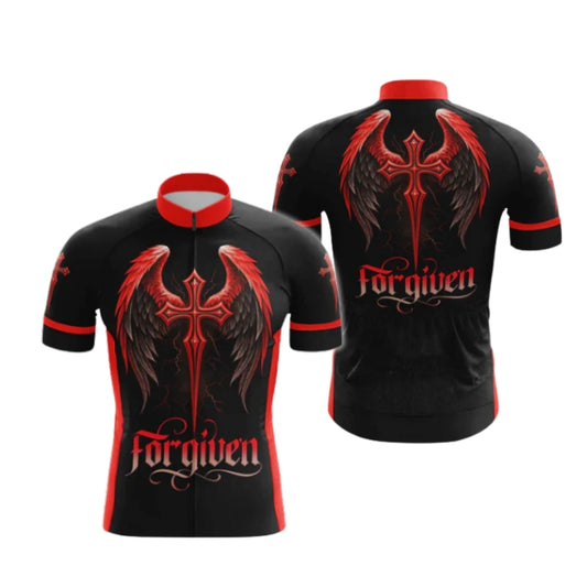Black And Red Cross Forgiven Cycling Short Sleeve Jersey For Men, Christian Cycling Jerseys CG0547