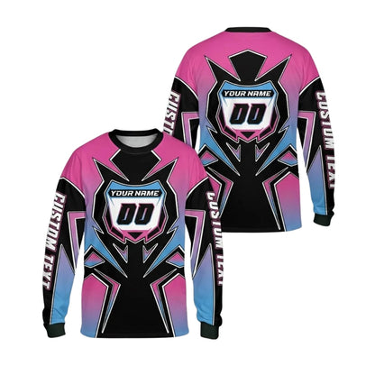 Custom Gradient Cyan And Purple Men's Motocross Long Sleeve Jersey, Custom Gradient Dirt Bike Shirts With Number ME0020