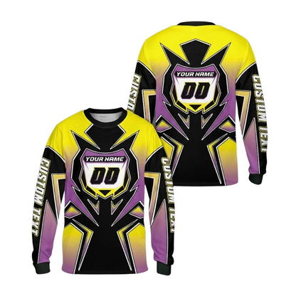 Custom Gradient Cyan And Purple Men's Motocross Long Sleeve Jersey, Custom Gradient Dirt Bike Shirts With Number ME0020