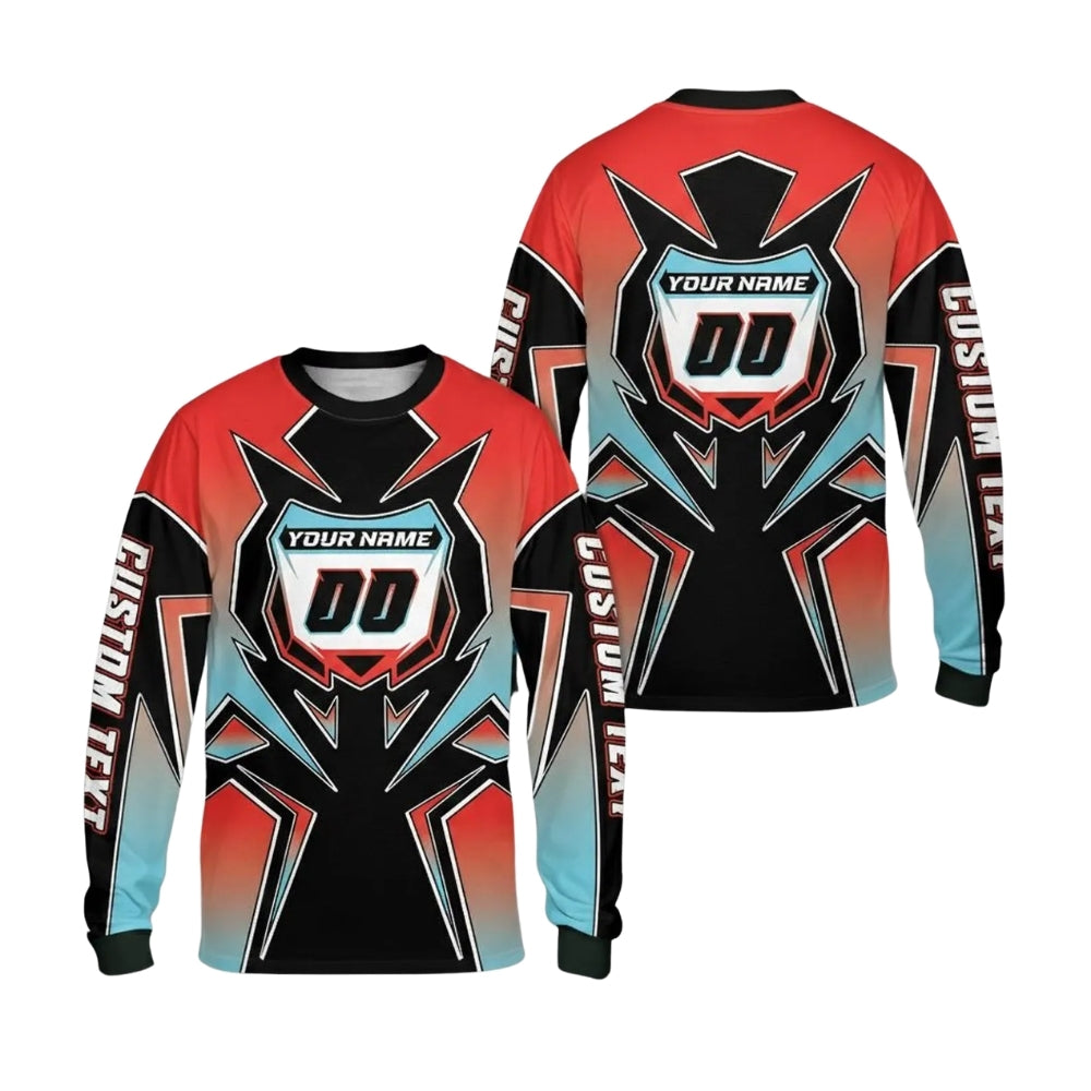 Custom Gradient Cyan And Purple Men's Motocross Long Sleeve Jersey, Custom Gradient Dirt Bike Shirts With Number ME0020
