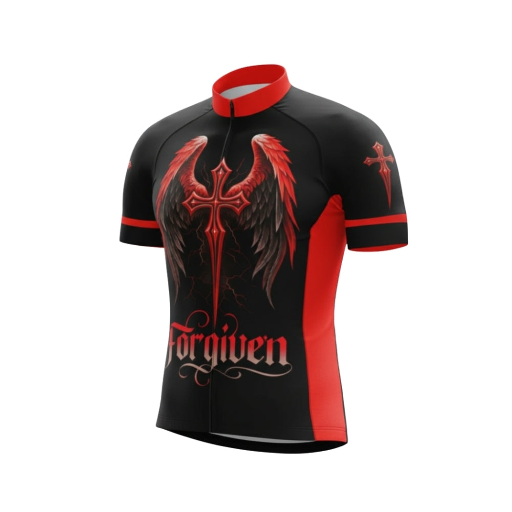 Black And Red Cross Forgiven Cycling Short Sleeve Jersey For Men, Christian Cycling Jerseys CG0547