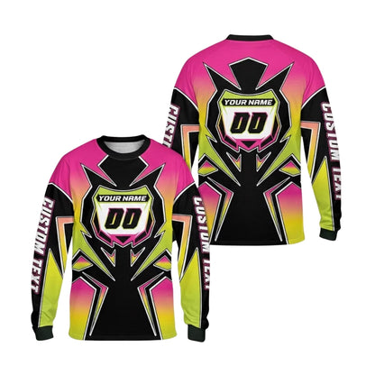 Custom Gradient Cyan And Purple Men's Motocross Long Sleeve Jersey, Custom Gradient Dirt Bike Shirts With Number ME0020