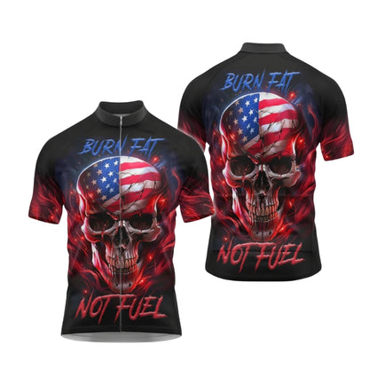 Burn Fat Not Fuel American Flag Skull Cycling Short Sleeve Men Jersey, Patriotic Skull Cycling Jerseys CG0554