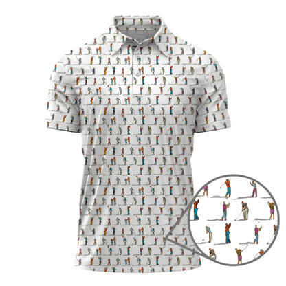 Swinging Golfer Men's Golf Polo Shirt, White Pattern Golf Shirts GZ0240