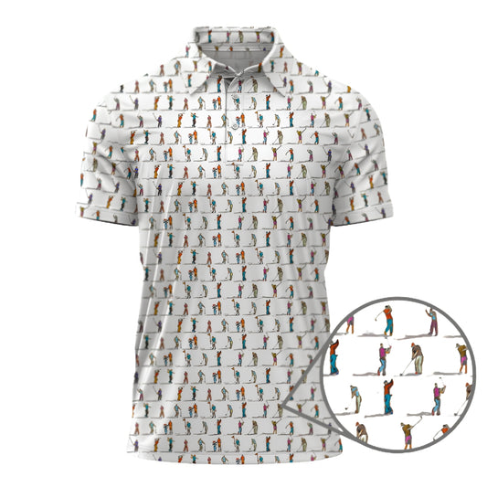 Swinging Golfer Men's Golf Polo Shirt, White Pattern Golf Shirts GZ0240