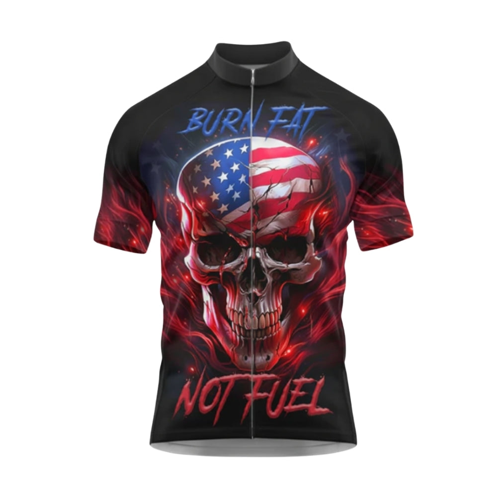 Burn Fat Not Fuel American Flag Skull Cycling Short Sleeve Men Jersey, Patriotic Skull Cycling Jerseys CG0554