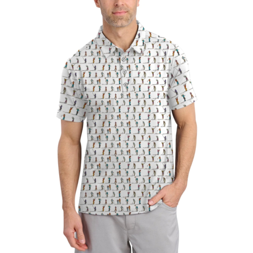 Swinging Golfer Men's Golf Polo Shirt, White Pattern Golf Shirts GZ0240