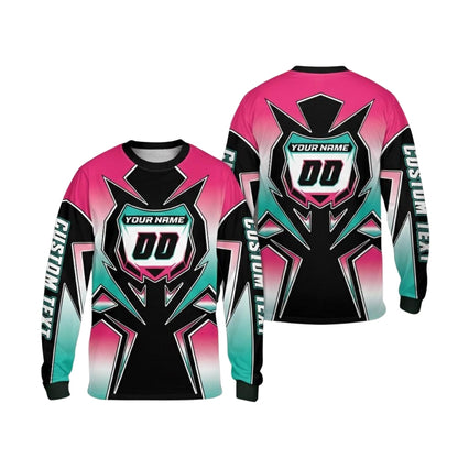 Custom Gradient Cyan And Purple Men's Motocross Long Sleeve Jersey, Custom Gradient Dirt Bike Shirts With Number ME0020