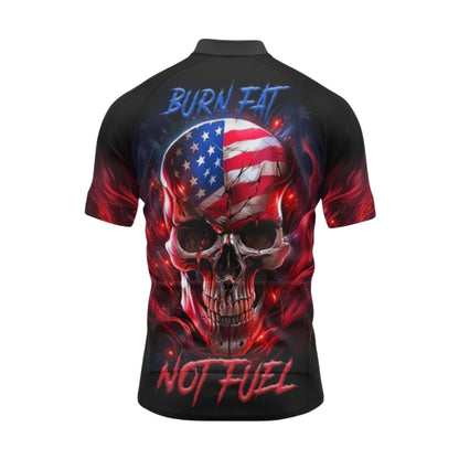 Burn Fat Not Fuel American Flag Skull Cycling Short Sleeve Men Jersey, Patriotic Skull Cycling Jerseys CG0554