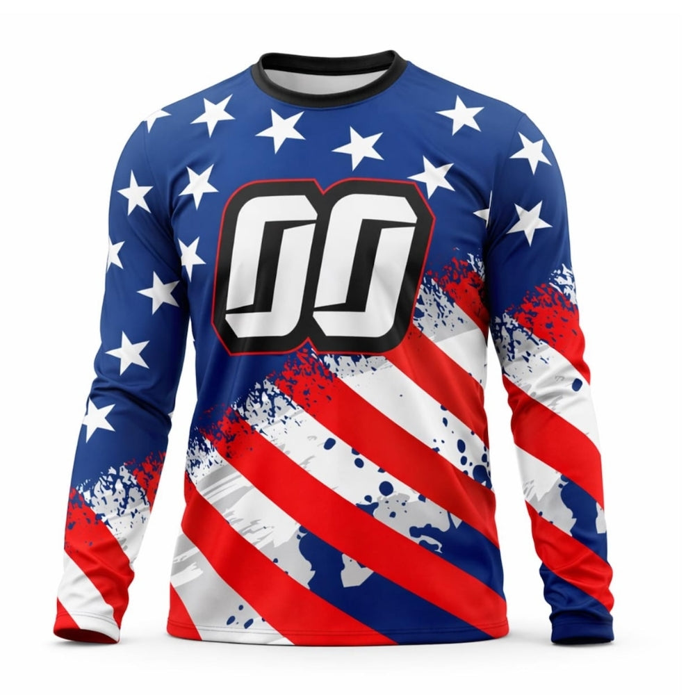 Custom American Flag Motocross Long Sleeve Jersey Mens, Custom Patriotic Motocross Dirt Bike Shirts ME0021