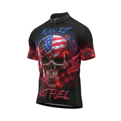 Burn Fat Not Fuel American Flag Skull Cycling Short Sleeve Men Jersey, Patriotic Skull Cycling Jerseys CG0554