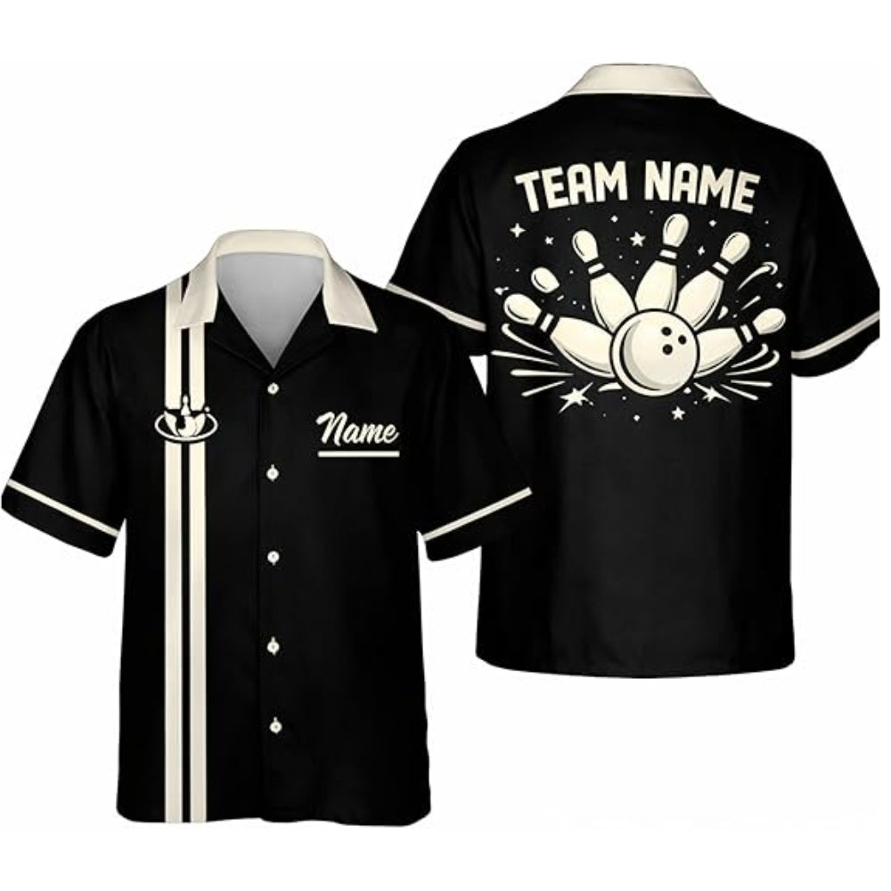 Custom Vintage Black Beige Hawaiian Bowling Shirt Men, Custom Vintage Bowling Team Shirts BZ0380