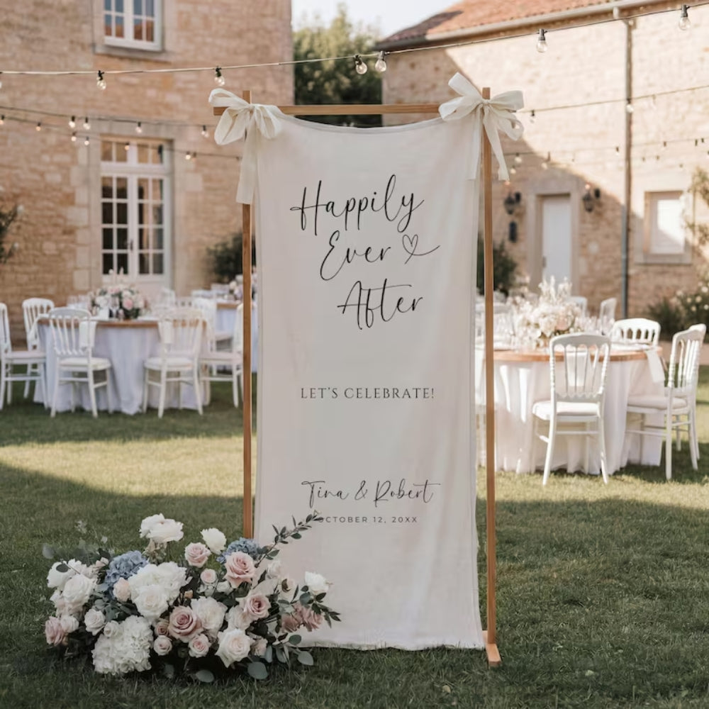 Personalized Happily Ever After Wedding Fabric Welcome Banner, Personalized Minimalist Wedding Welcome Banner WD0251
