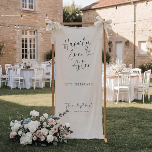Personalized Happily Ever After Wedding Fabric Welcome Banner, Personalized Minimalist Wedding Welcome Banner WD0251