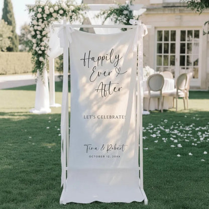 Personalized Happily Ever After Wedding Fabric Welcome Banner, Personalized Minimalist Wedding Welcome Banner WD0251