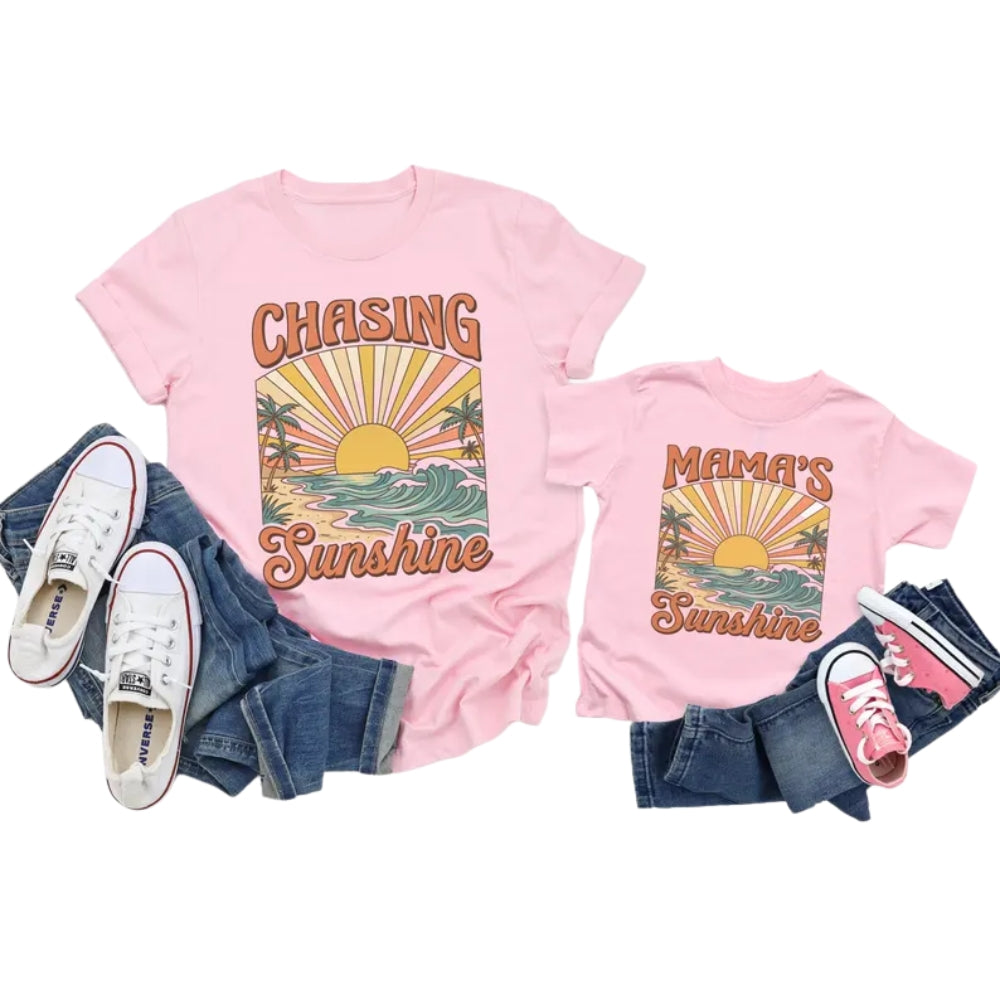 Chasing Sunshine Mama's Sunshine Retro Matching Mommy And Me T Shirt, Sunshine Mother Daughter Shirts ET0948