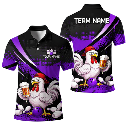 Custom Rooster Beer Bowling Polo Shirt For Men, Custom Chicken Bowling Team Shirts BE0206