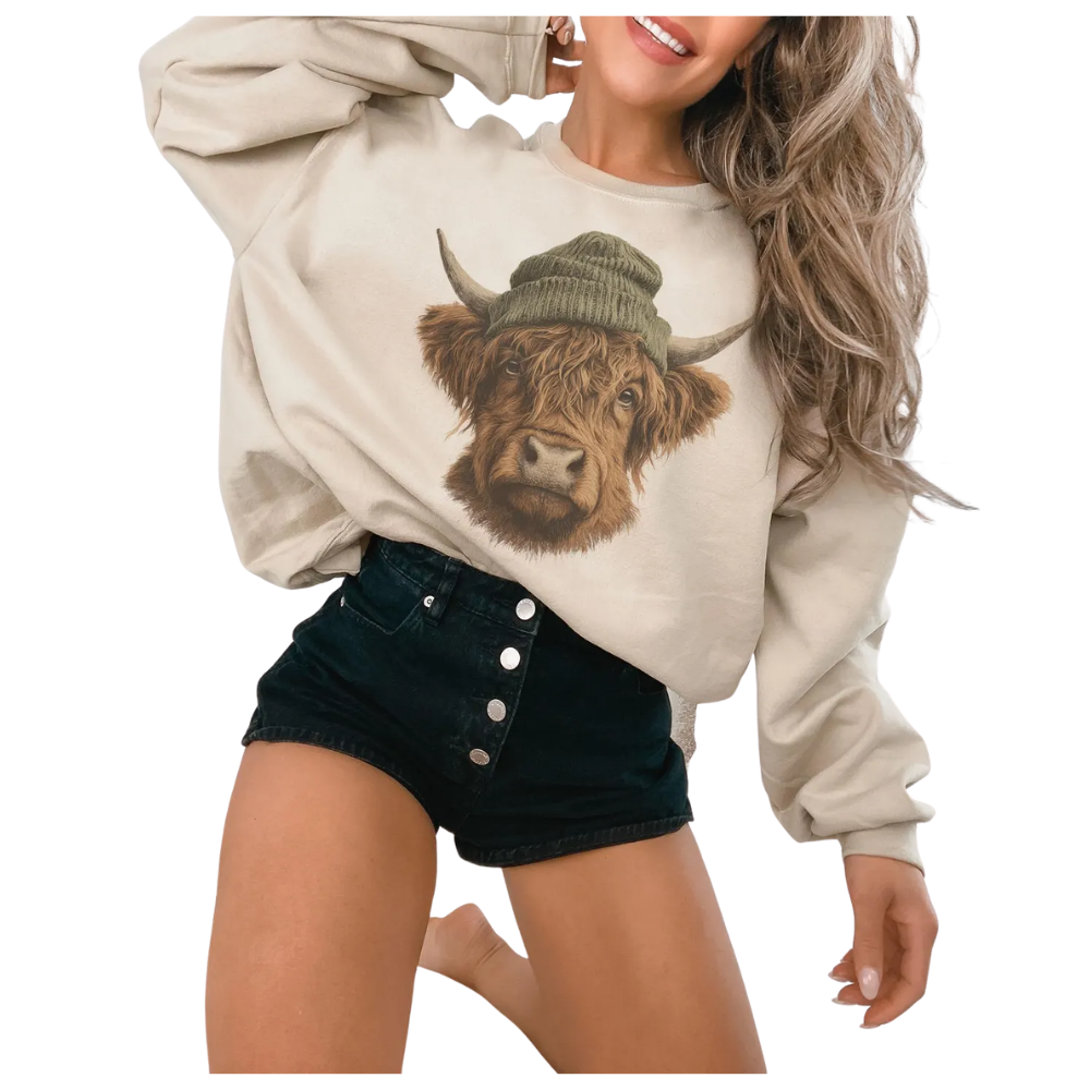 Highland Cow Wearing Beanie Sweatshirt, Cow Lover Sweatshirt Retro 2D1036