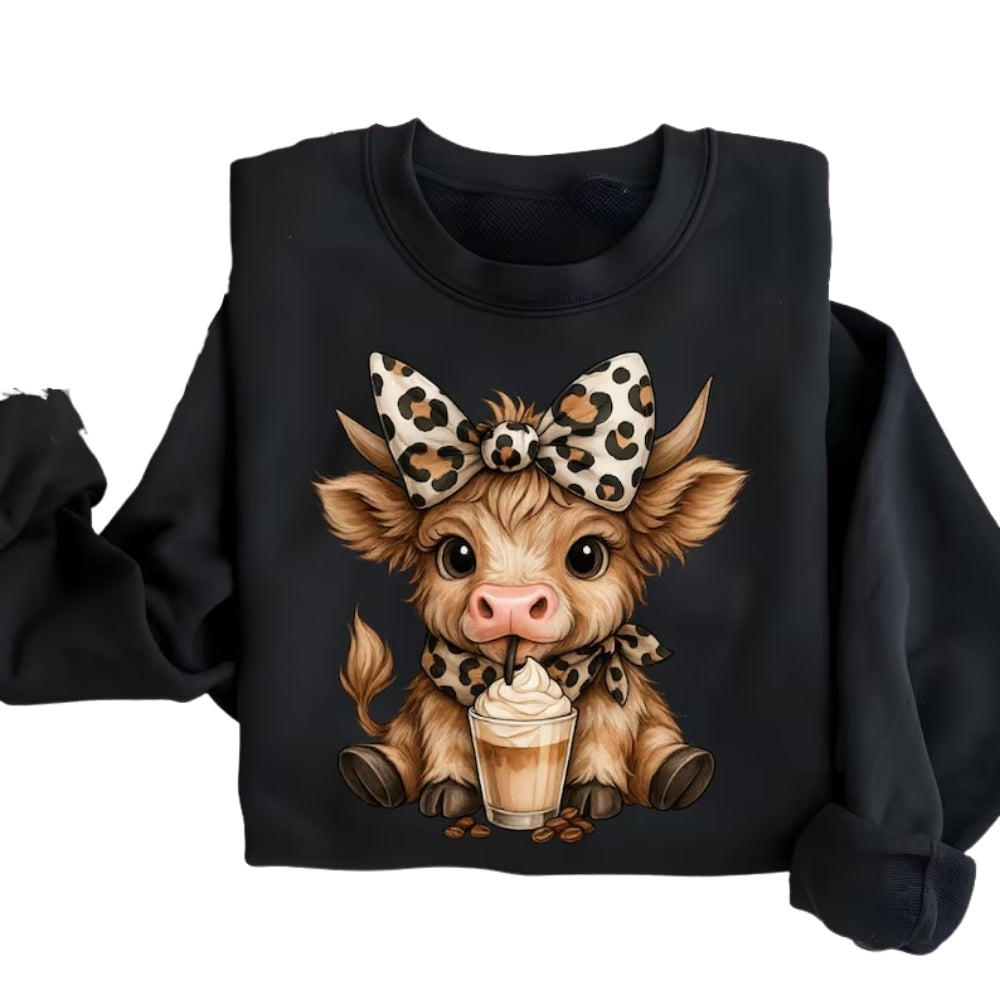 Cute Leopard Highland Cow Sweatshirt, Highland Cow Lover Iced Coffee Sweatshirt 2D0777
