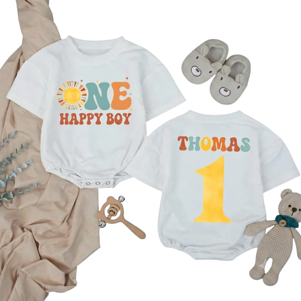 One Happy Boy Custom 1st Birthday T Shirt Bubble Romper, Custom First Birthday Baby Boy Romper BB0254