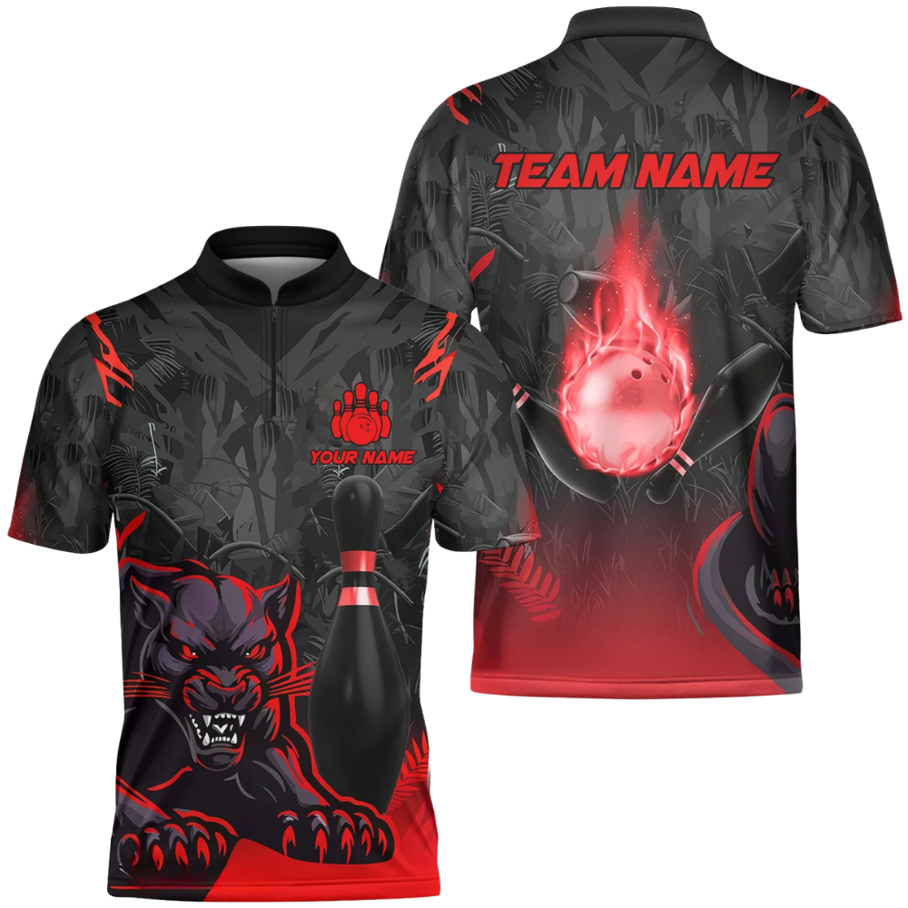 Custom Panther Red Black Bowling Jersey For Men, Custom Team Panther Bowling Shirts BZ0634